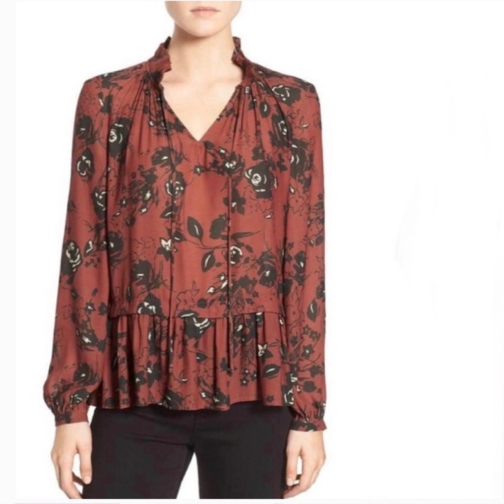 Anthropologie RO & DE Blouse Rust Brown Floral Peasant Top Ruffle Hem Size M